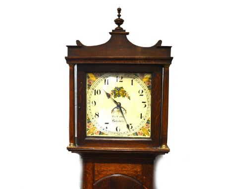 Oak cased longcase clock, signed Thos. Collins, Botesdale, 30-hour movement, 12" square painted dial, Arabic numerals, date a