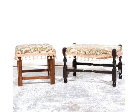 A small oak footstool, machine floral tapestry top, turned legs and rails, 45cm x 31cm; and a small oak framed footstool. (2)