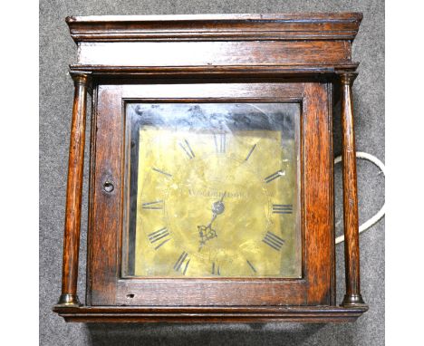 Oak cased longcase clock, signed Demayne, Woodbridge, thirty-hour movement, 10" square brass dial with black enamelled Roman 