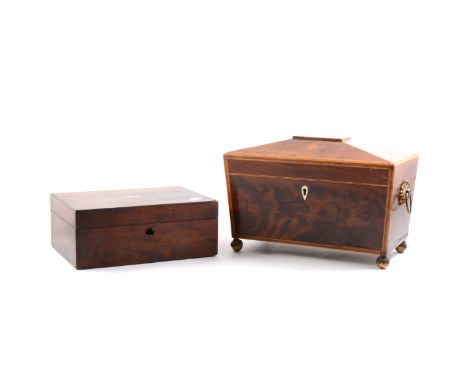 A George III sarcophagus-shape tea caddy, stringing and banding, two sectional interior, width 31cm; a Victorian mahogany box