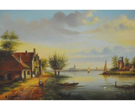 R Dornheim, Dutch canal scene, signed oil on canvas, 50cm x 76cm.
