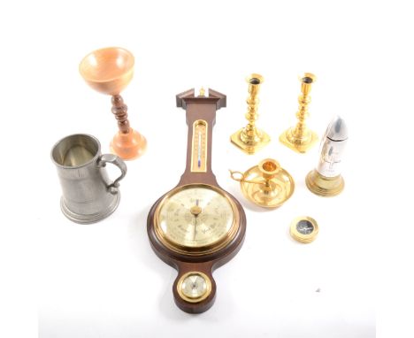 A modern aneroid wall barometer, 51cm; brass and wooden items.