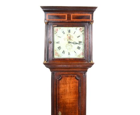 Samuel Doulton, Rugby, oak longcase clock, thirty-hour movement, square painted dial with subsidiary aperture, painted with a
