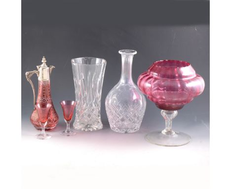 A Victorian ruby overlaid claret jug, plated mounts, 22cm; small collection of Cranberry glass and other table crystal.