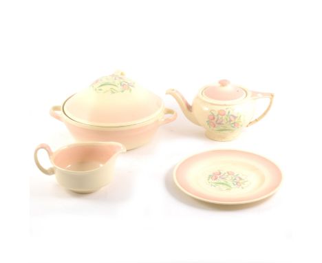 Susie Cooper part dinner service, floral decoration, shaded pink outlines; together with a teapot