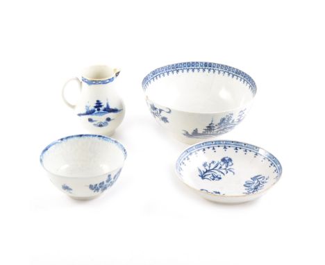 Worcester jug, 18th Century, blue and white, a similar saucer and two bowls, all damaged. (Qty: 4)