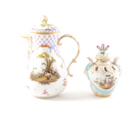 A Meissen porcelain pear-shape jug, probably late 19th Century, painted vignette of hunting scenes, domed lid with a row spri