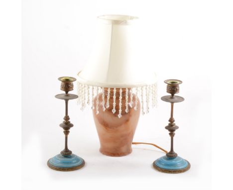 A solid alabaster urn-shape table lamp, with shade, 36cm overall; and a pair of bronzed blue Celeste porcelain table lamps. (