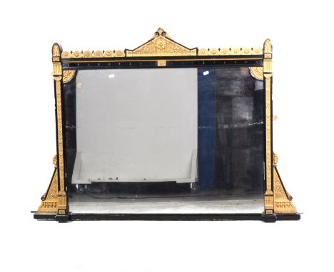 A Victorian ebonised and gilt over-mantel mirror, architectural pediment, rectangular plate, 96cm x 137cm.