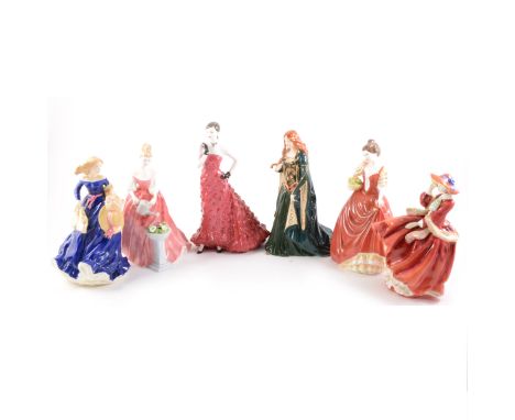 A Royal Doulton figure, Top O'the Hill, HN1834, 21cm; three other Doulton figures, Helen, Alexandra, and Moonlight Stroll; a 