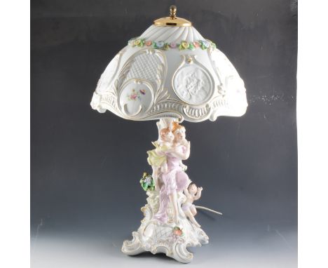 A Sitzendorf table lamp, column modelled with figures, the domed shade with lithophane panels, 58cm.