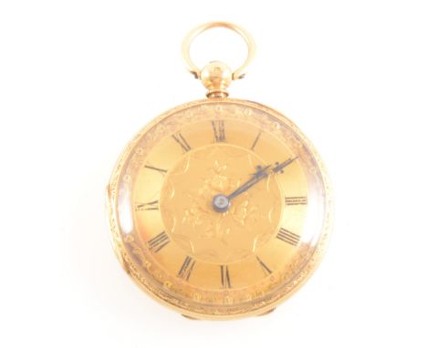 An 18 carat yellow gold open face fob watch, gold dial with floral centre and Roman numeral chapter ring, in an 18 carat yell