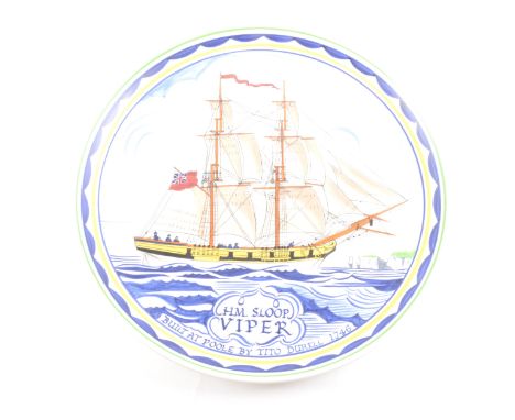 A Poole Pottery plate, commemorating the building of the HM Sloop Viper, drawn by Arthur Bradbury, diameter 33cm.