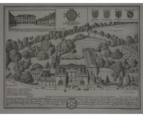 After F. Robson, Truro Cathedral, photographic print, 20cm x 14cm; a print of Worcester College, Oxford, print after Rollinso