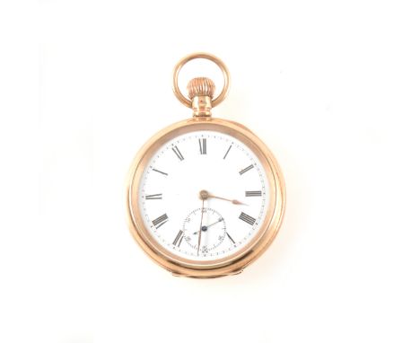 A 9 carat yellow gold open face pocket watch, white enamel dial with roman numerals, subsidiary seconds dial, in a plain poli