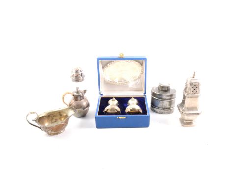 A flat metal punch ladle, set with a George III shilling, 1787, twisted whalebone handle, 35cm; and oval plated tray, and oth