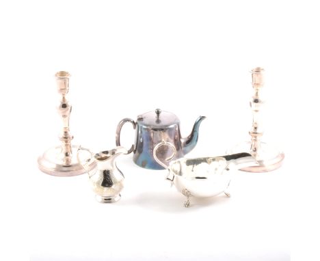 A silver-plated salver, curved and gadrooned rim, 31.5cm diameter, pair of candlesticks, sauce boat, teapot, boxed and loose 