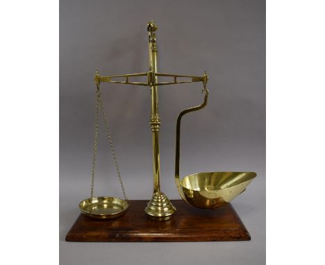 A Set of Late 19th Century Polished Brass Avery Scales and Graduated Weights on Wooden Plinth. 40cms Long