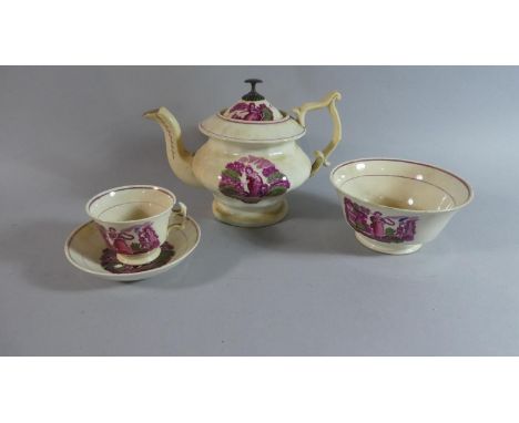 A 19th Century Sunderland Lustre "Faith, Hope and Charity" Tea for One Set Comprising Teapot (Lid Glued), Teacup, Saucer and 