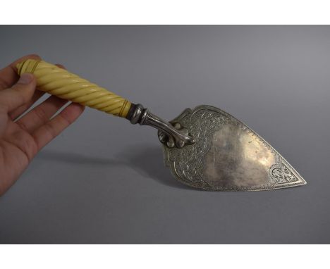 A Silver Trowel with Ivory Handle Engraved Decoration to Blade, 27.5cm Long, Birmingham 1900 