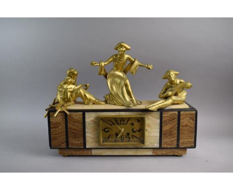 A French Art Deco Blonde Marble Mantle Clock of Long Rectangular Form with Gilt Metal Figural Mounts of Maiden with Fruit and