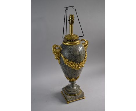 A Large French Ormolu Mounted Polished Marble Table Lamp of Vase Form with Rams Head Carrying Handles and Swag Decoration, 70