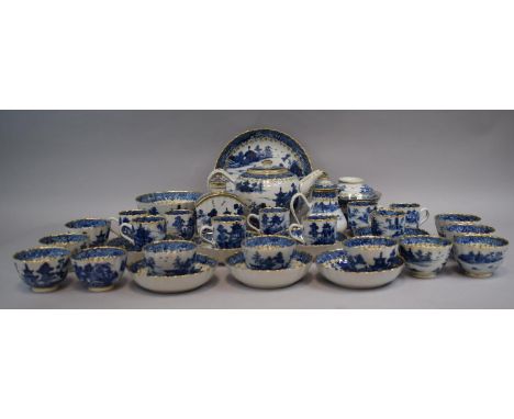 A Chinese Export Style Blue and White Pagoda Pattern Tea Set with Gilt Highlights Comprising Tea Caddy, Teapot, Cream and Sug