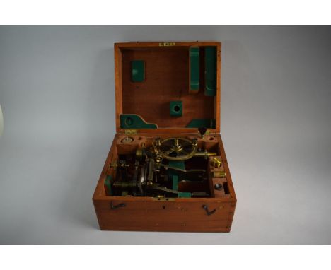 A Mahogany Cased Brass Theodolite by Troughton &amp; Simms Having Telescope Compass, Magnifiers, Bubble Levels and Plummer 