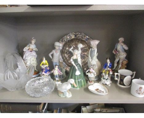 Two Nao figures, two Royal Doulton figures, continental figures and mixed china to include commemorative items together with 