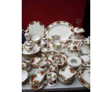 A quantity of Royal Albert Old Country Roses to include two cake plates, a teapot, a coffee pot, soup bowl, dressing table po