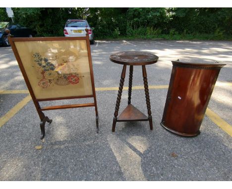 Small furniture to include an oak table with three bobbin legs, a 19th century mahogany corner cupboard and an Edwardian fire