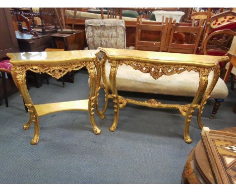 A modern Rococo style gilt console table, 75 h x 116 w x 32cm d, together with a smaller exampleLocation: RAM 