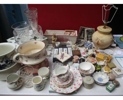 Ceramics, glass and collectables to include vases, Wedgwood, trinket boxes, thimbles, vintage postcards, a Portmeirion glass 