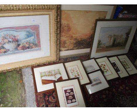 Mixed prints to include plates from a vintage Household Management book, possibly Mrs Beeton's together with a watercolour (1