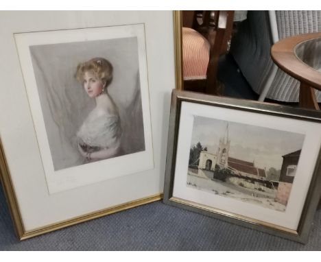 P A de Lorzl - portrait of the Queen of Spain Ena, signed in pencil to the margin print and CFE Harvey, Marlow Bridge, waterc