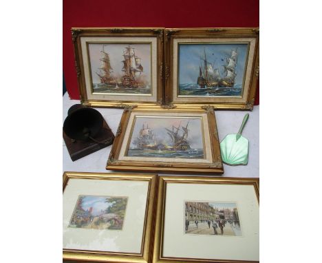 J. Harvey - Galleons at war, three oils on canvas, signed lower right hand corner, in gilt frames together with two prints, a