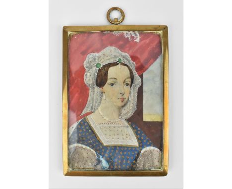 A 19th century miniature portrait on ivory of the Great Countess of Cumberland, a miniature portrait on ivory of James I, dep