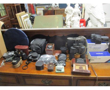 A selection of vintage cameras and accessories, binoculars, and other items to include an Olympus IS-3000 camera the Electron