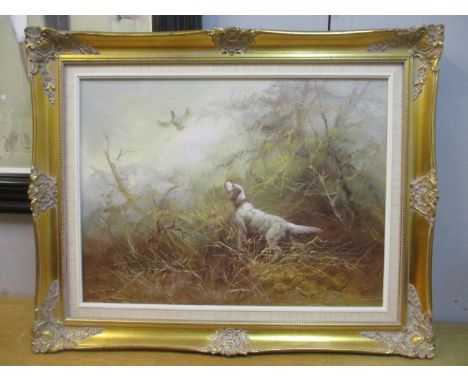 Kingmon - a hunting scene with a setter putting up a bird, oil on canvas, signed in a gilt frame 23.5cm x 17cm. Location:BWR 