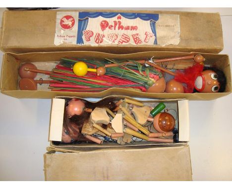 An original early 1950s brown boxed Lulabelle Pelham Puppet together with early Pelham puppet spare parts in repair box (as l