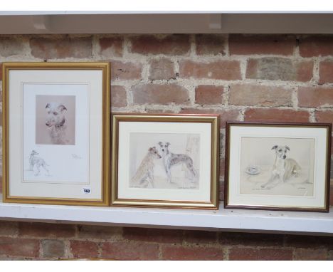 A Refna Hainey print Lurchers - 33cm x 23cm and two Gill Evans prints