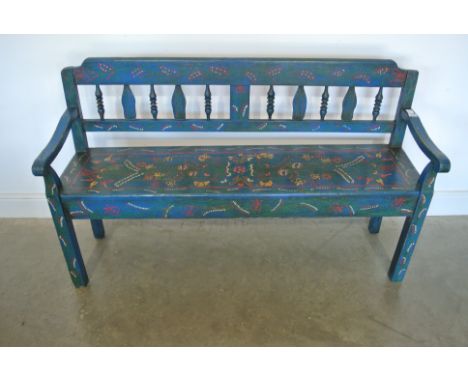 An antique pine bench with hand painted floral decoration - Width 146cm