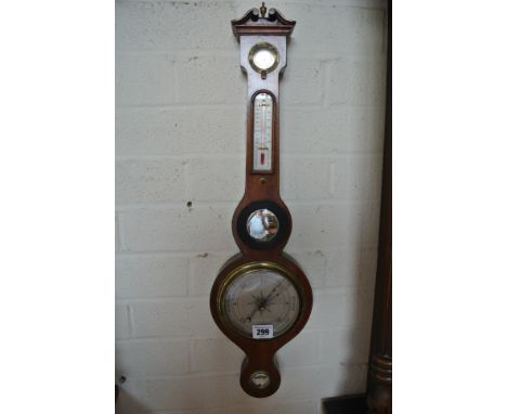 A small mahogany barometer case with inlay, with dry/damp thermometer, mirror and level - working - Height 60cm
