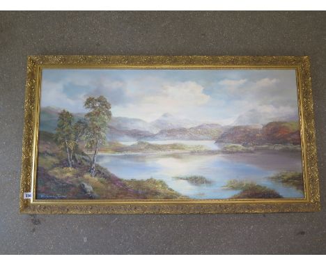 An oil on canvas Prudence Turner, Loch Carabaun, Chiltern Galleries stamp - 50cm x 101cm - in a gilt frame