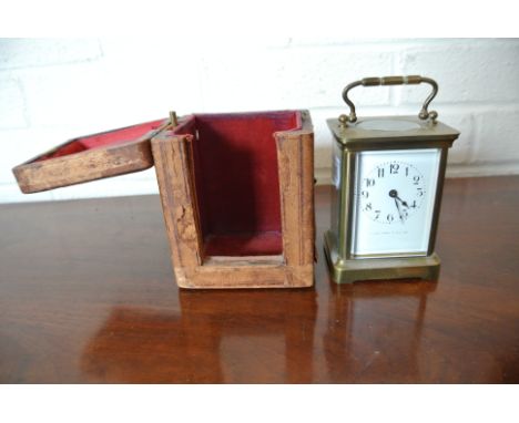A late 19th century brass French carriage clock and case - Height 12cm - working