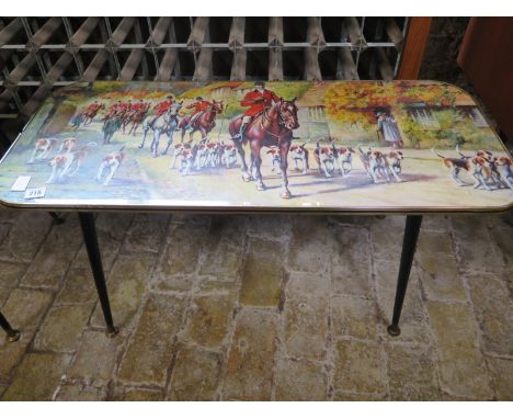 A retro 1960's coffee table - Table top shows an interesting Hunting Scene depicting horses, hounds, rural cottage etc