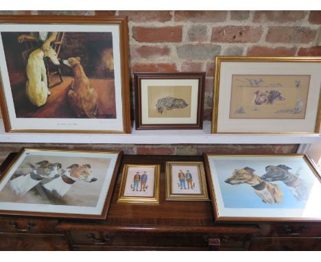 Two T. McArdle Howay the Lads pictures, two signed Vic Granger prints of dogs, a Mac print and another and a signed David Fre