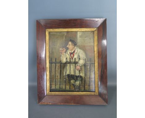 A 19th century caricature painting oil on board of a gentleman holding pipe leaning on rails - 20cm x 15cm