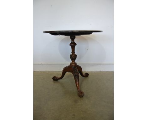 A 19th century tilt top lamp side table, walnut carved base and mahogany top - Height 65cm x Width 64cm - in restored conditi