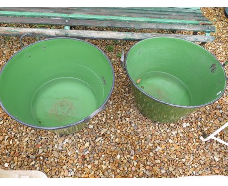 Two large vintage green enamel containers ideal for use as planters